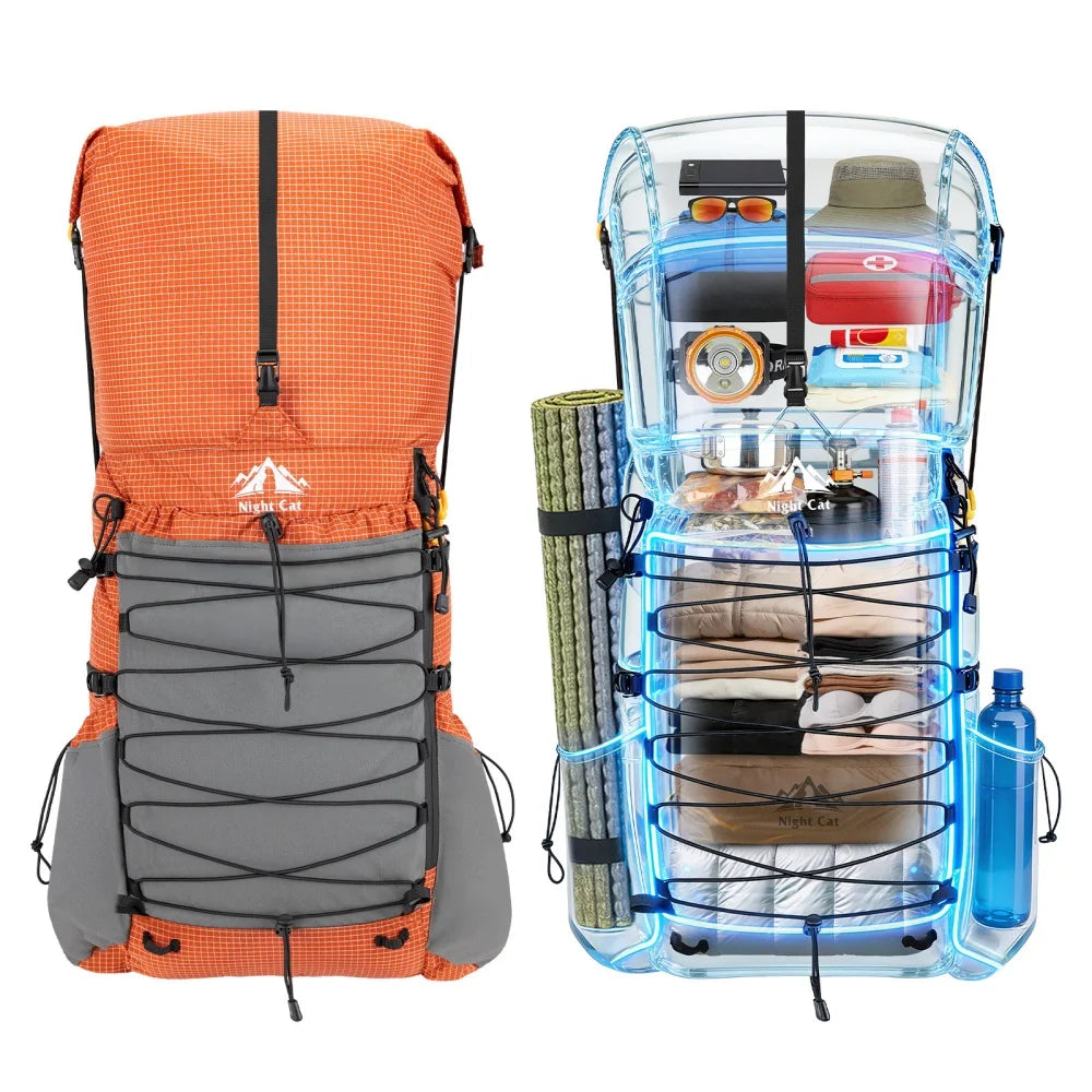 Internal-frame Hiking Backpcack: 50L / 60L / 70L Roll Top Lightweight Travel Backpack with Rain Cover for Men Women Hiking Camping Backpacking