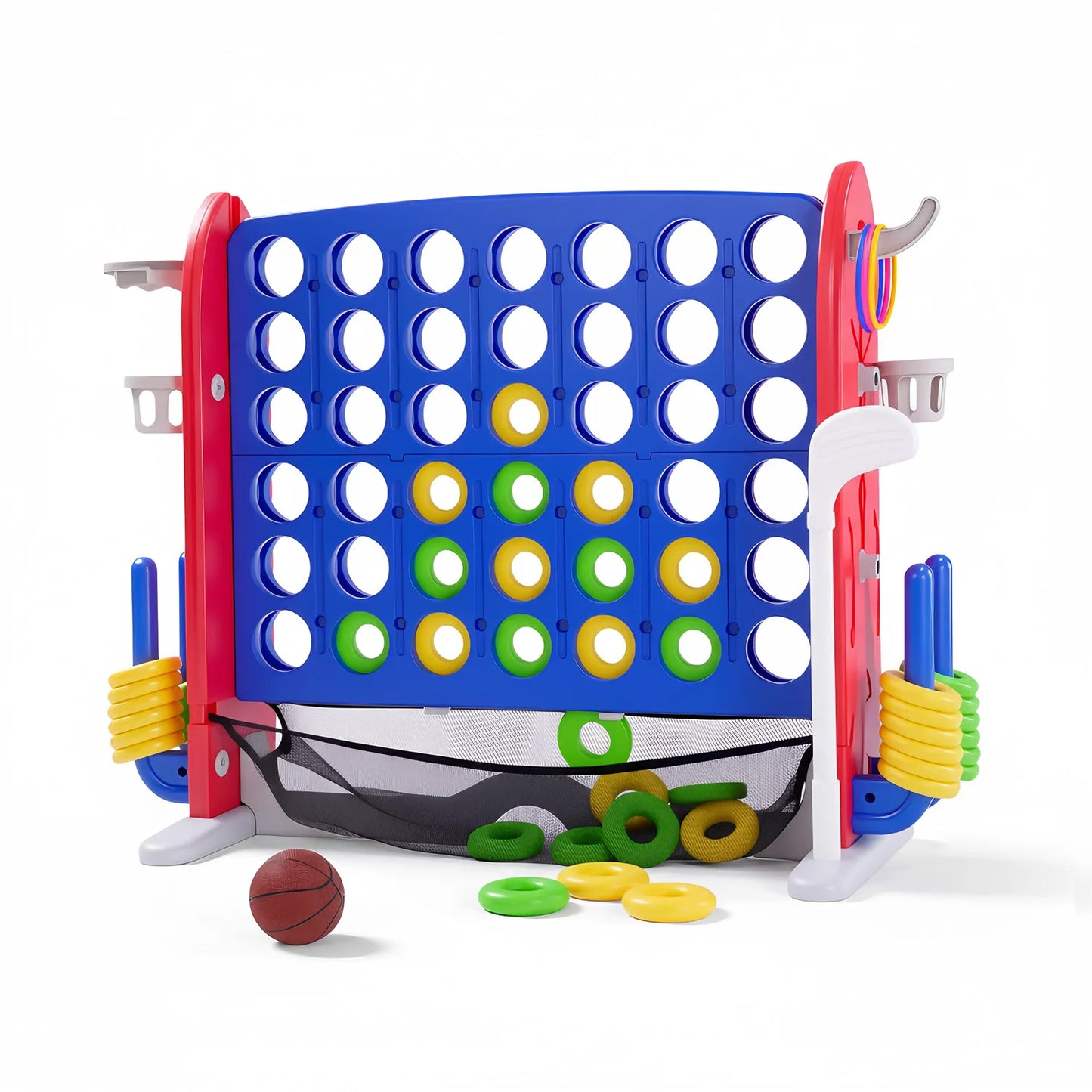 4-in-1 Giant Connect Game Set Adjustable Height, Basketball Hoop, Ring Toss and Net Jumbo Outdoor Yard Game for Families Events