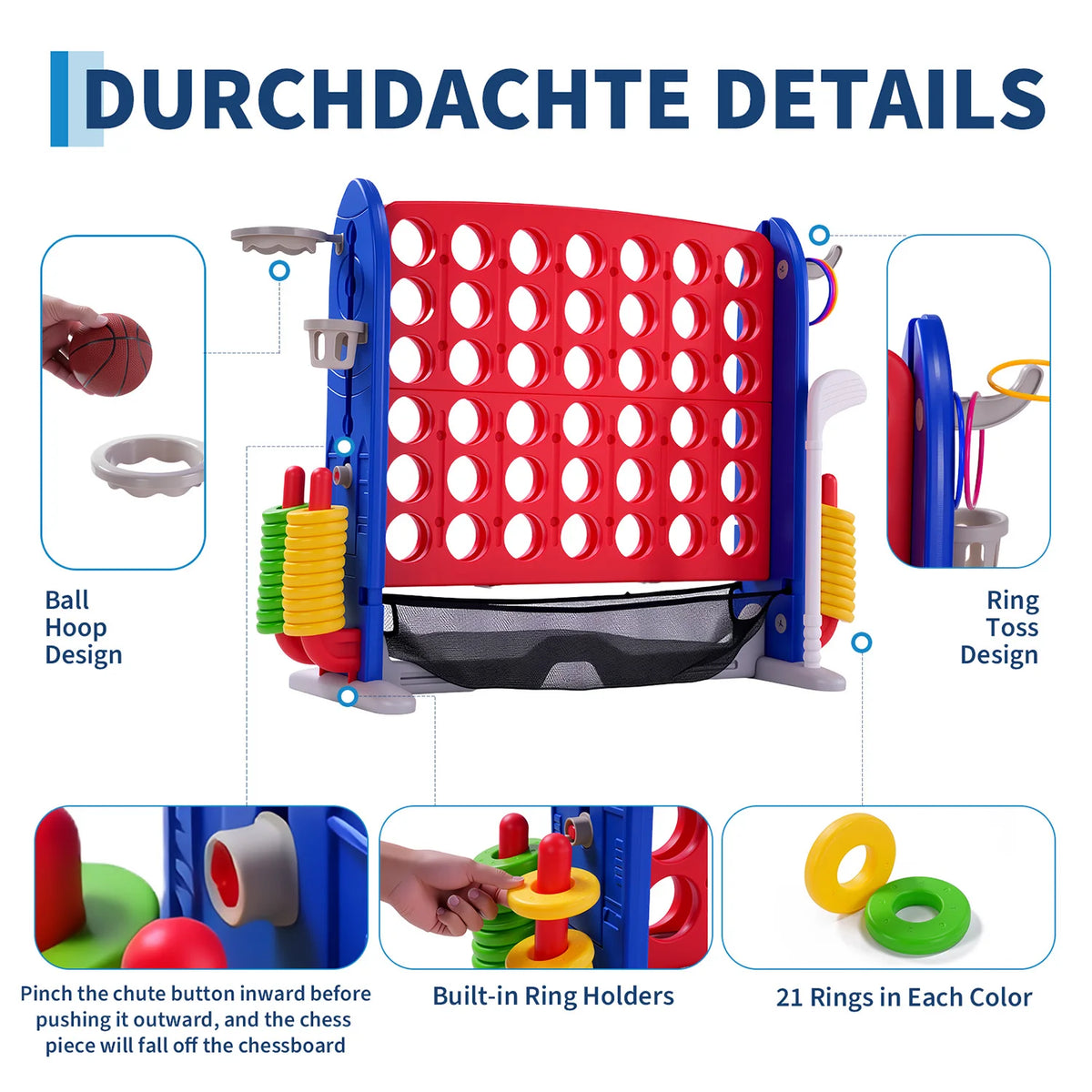 4-in-1 Giant Connect Game Set Adjustable Height, Basketball Hoop, Ring Toss and Net Jumbo Outdoor Yard Game for Families Events