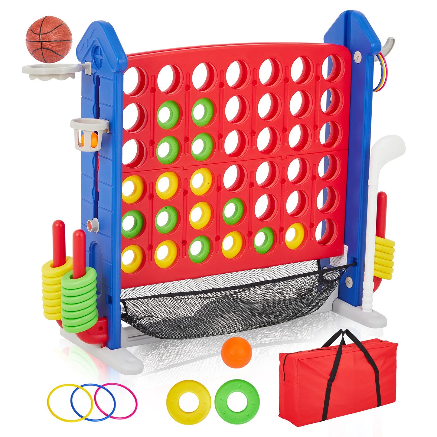 4-in-1 Giant Connect Game Set Adjustable Height, Basketball Hoop, Ring Toss and Net Jumbo Outdoor Yard Game for Families Events