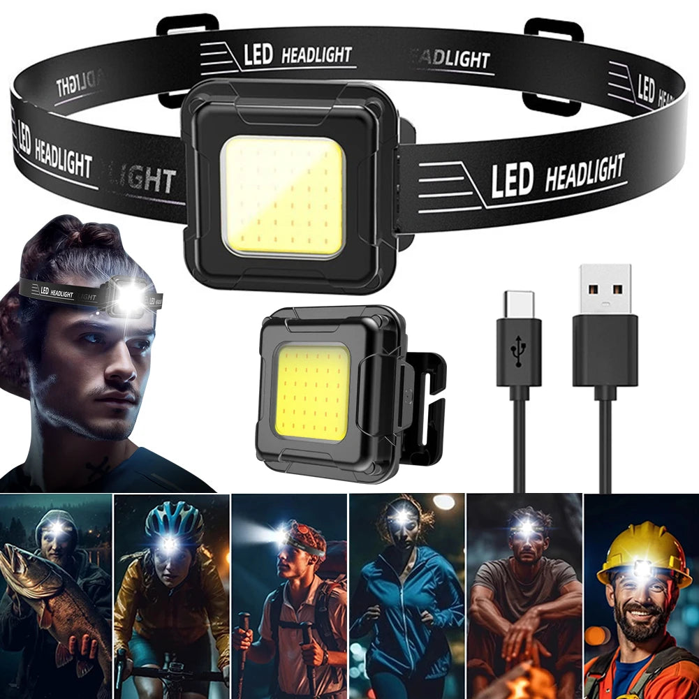 LED Headlamp Type C USB Charging Multifunctional Head Torch Adjustable Angle Mini COB LED Headlight for Camping Running Hiking