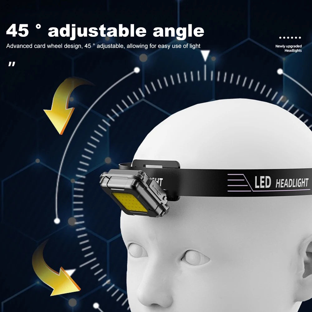 LED Headlamp Type C USB Charging Multifunctional Head Torch Adjustable Angle Mini COB LED Headlight for Camping Running Hiking