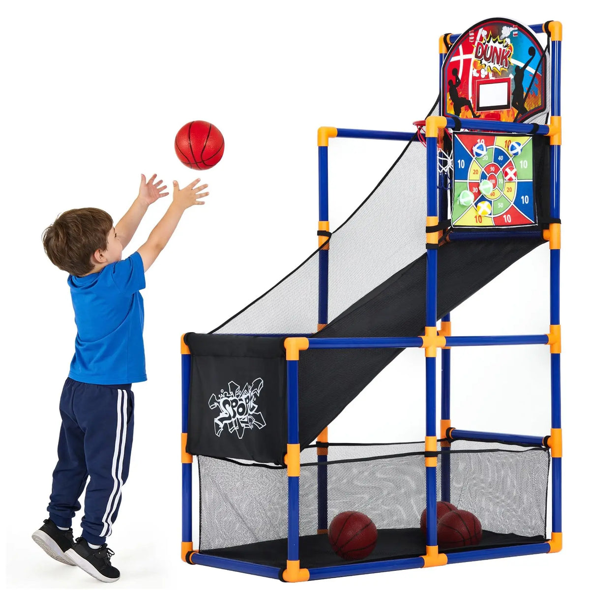 2-in-1 Kids Basketball Arcade Game Set, Adjustable Indoor Outdoor Hoop With Ball Return Ramp, 4 Balls & 6 Sticky Toss Balls