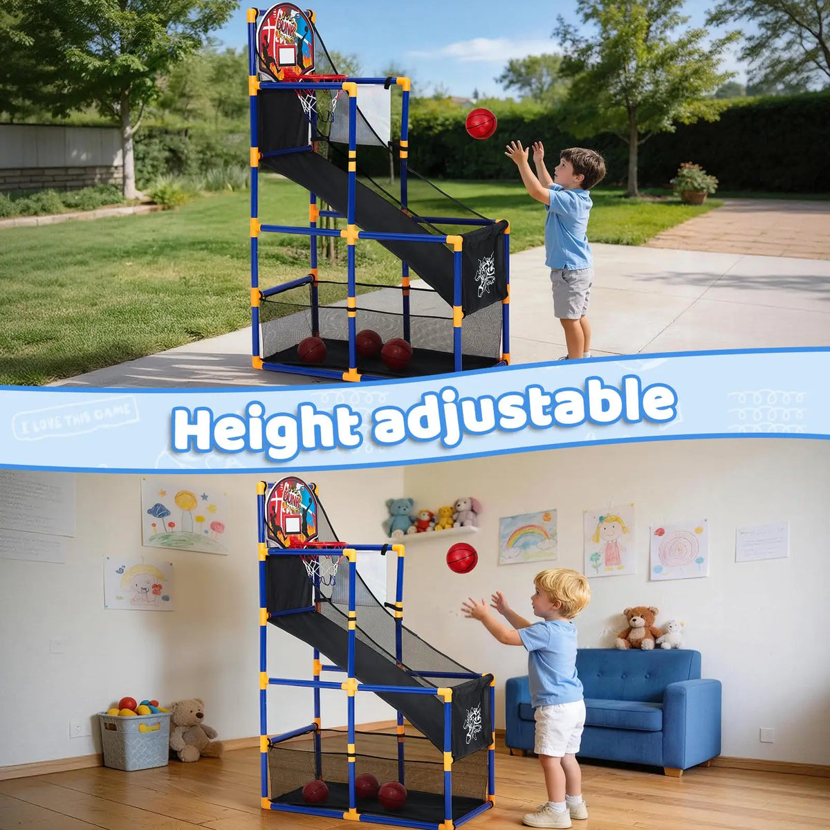 2-in-1 Kids Basketball Arcade Game Set, Adjustable Indoor Outdoor Hoop With Ball Return Ramp, 4 Balls & 6 Sticky Toss Balls