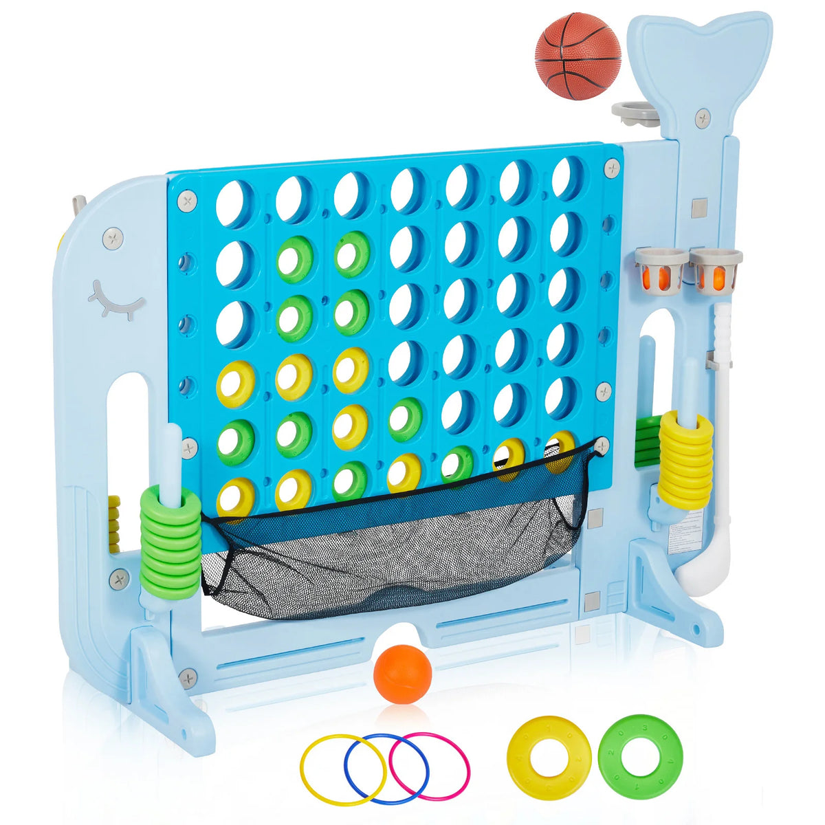 4-in-1 Giant Connect Game Set Adjustable Height, Basketball Hoop, Ring Toss and Net Jumbo Outdoor Yard Game for Families Events