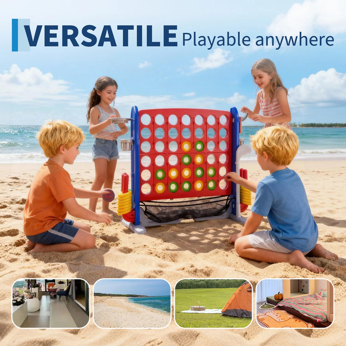4-in-1 Giant Connect Game Set Adjustable Height, Basketball Hoop, Ring Toss and Net Jumbo Outdoor Yard Game for Families Events