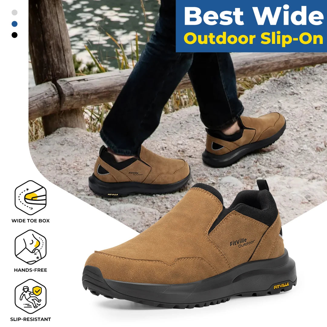 FitVille Men Extra Wide Slip On Hiking Loafers, Comfort Orthopedic Walking Sneakers with Arch Support for Outdoor Trekking Trails, Flat Feet & Foot Pain Relief