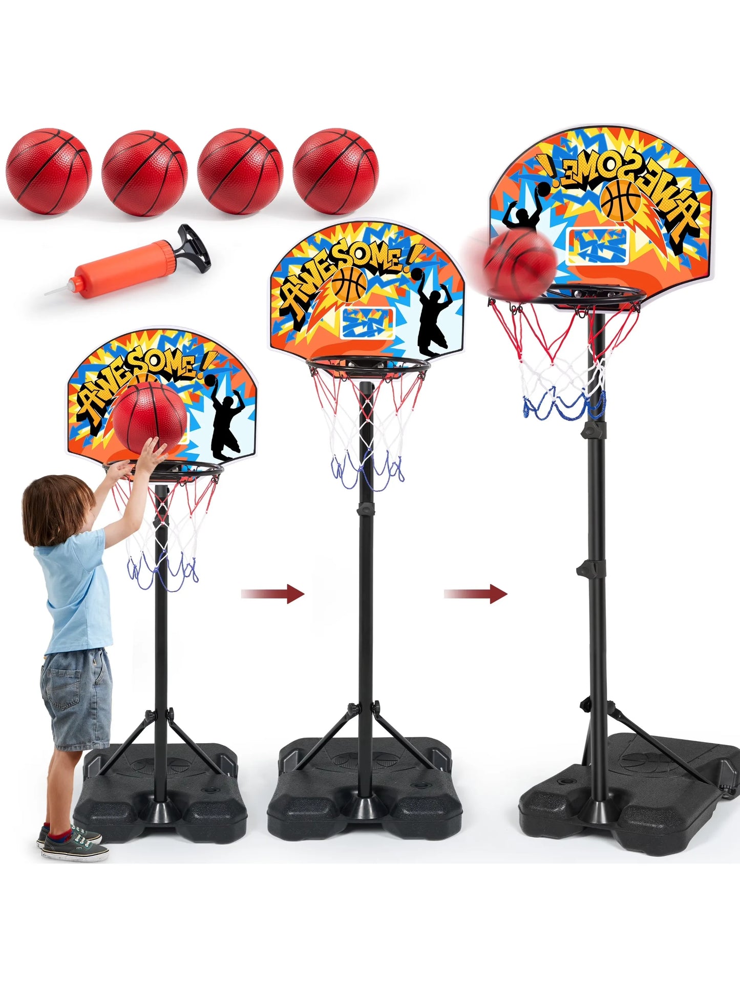 2.8-6.2 ft Adjustable Kids Basketball Hoop with 4 Balls Toddler Indoor Outdoor Basket Ball Game Set for Boys Girls