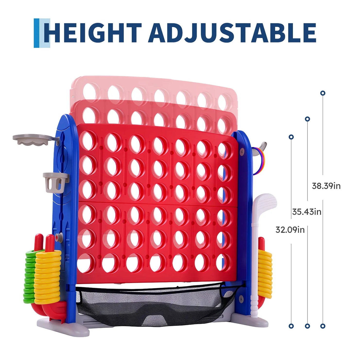 4-in-1 Giant Connect Game Set Adjustable Height, Basketball Hoop, Ring Toss and Net Jumbo Outdoor Yard Game for Families Events