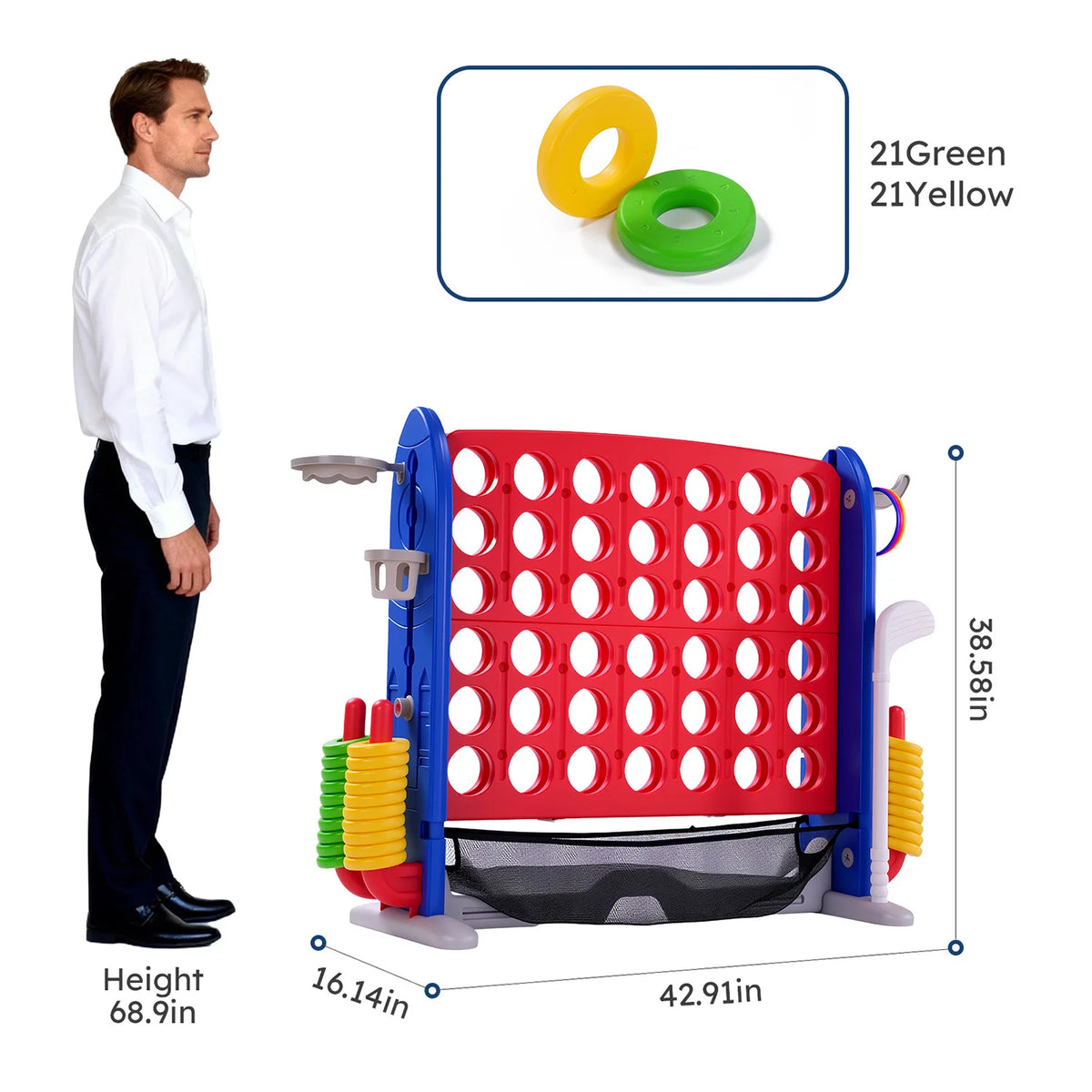 4-in-1 Giant Connect Game Set Adjustable Height, Basketball Hoop, Ring Toss and Net Jumbo Outdoor Yard Game for Families Events