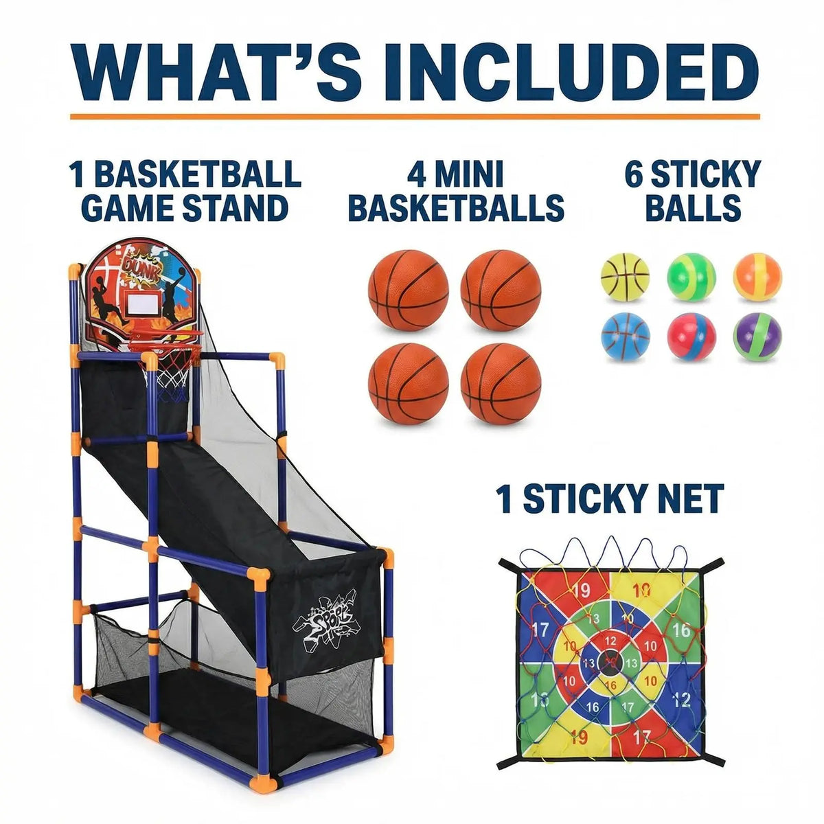 2-in-1 Kids Basketball Arcade Game Set, Adjustable Indoor Outdoor Hoop With Ball Return Ramp, 4 Balls & 6 Sticky Toss Balls