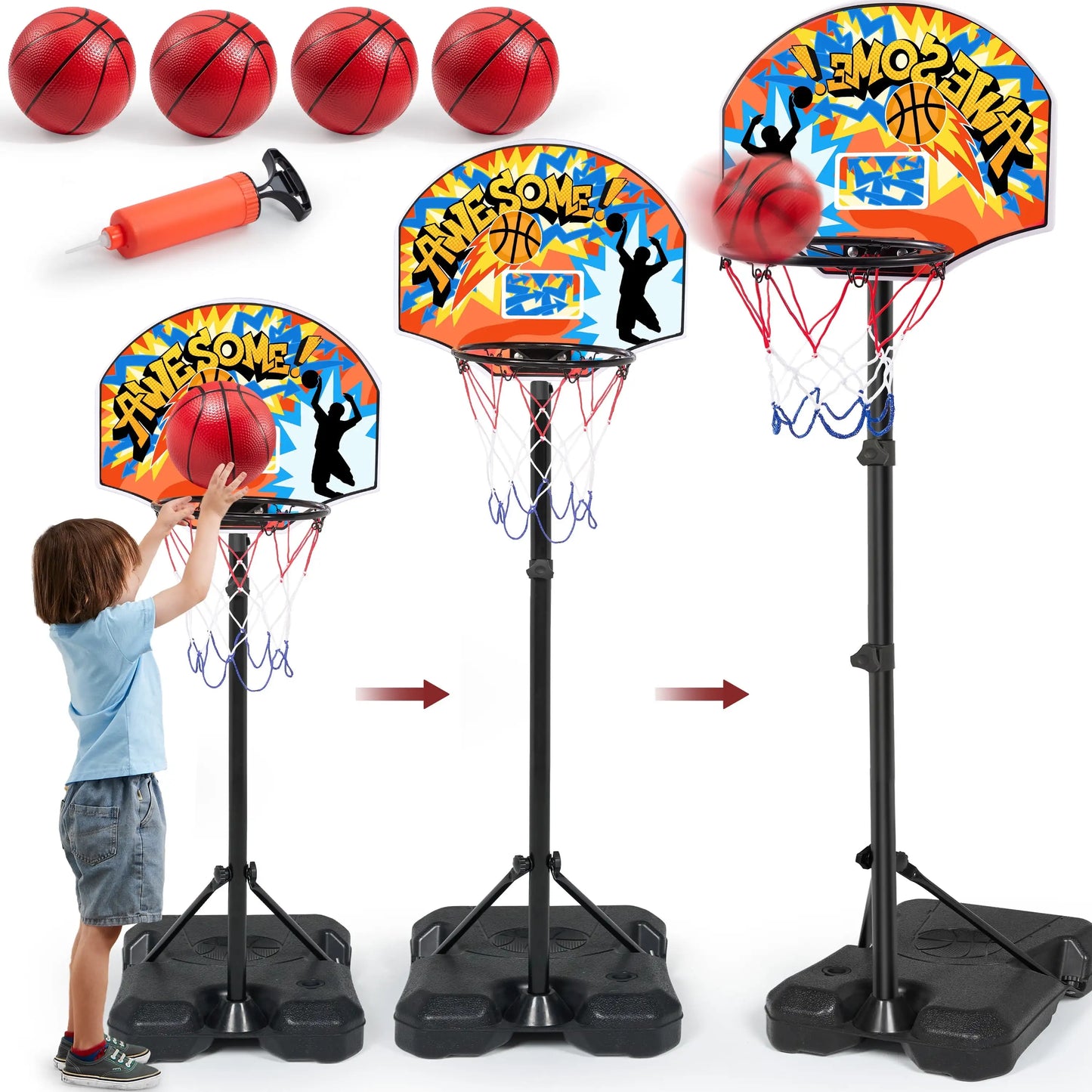 2.8-6.2 ft Adjustable Kids Basketball Hoop with 4 Balls Toddler Indoor Outdoor Basket Ball Game Set for Boys Girls