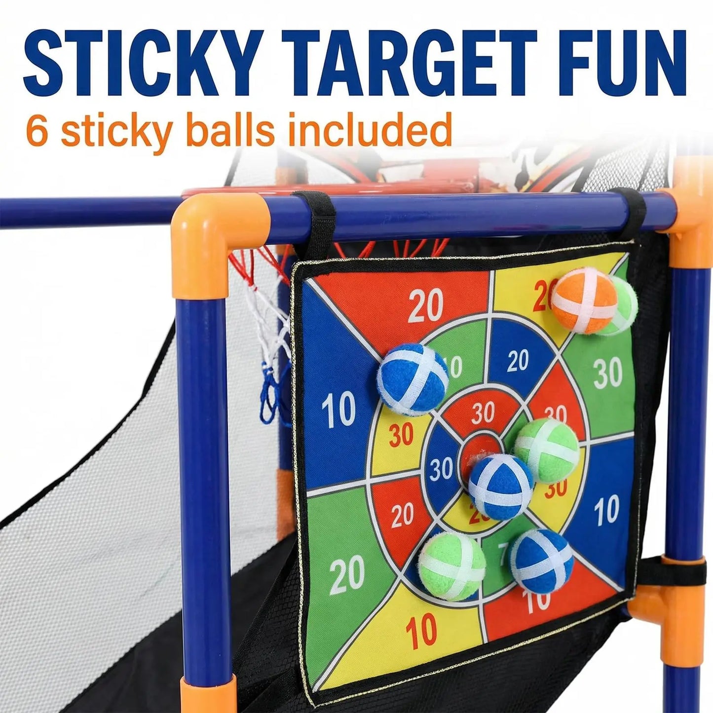 2-in-1 Kids Basketball Arcade Game Set, Adjustable Indoor Outdoor Hoop With Ball Return Ramp, 4 Balls & 6 Sticky Toss Balls