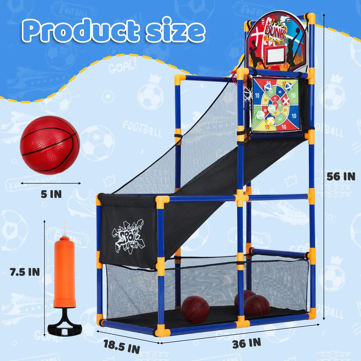 2-in-1 Kids Basketball Arcade Game Set, Adjustable Indoor Outdoor Hoop With Ball Return Ramp, 4 Balls & 6 Sticky Toss Balls