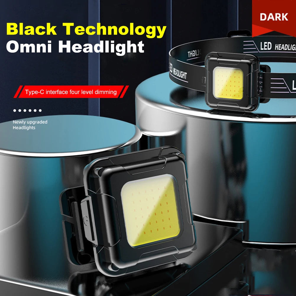 LED Headlamp Type C USB Charging Multifunctional Head Torch Adjustable Angle Mini COB LED Headlight for Camping Running Hiking