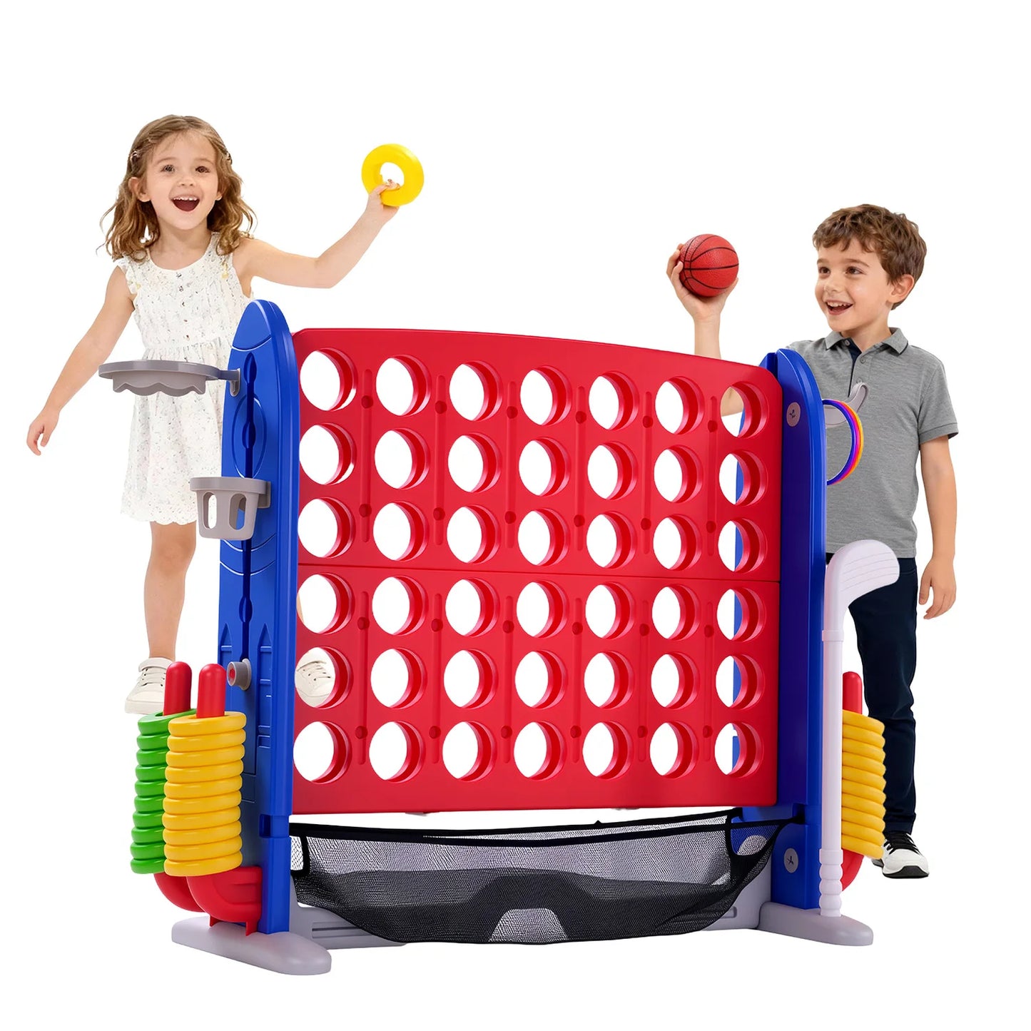 4-in-1 Giant Connect Game Set Adjustable Height, Basketball Hoop, Ring Toss and Net Jumbo Outdoor Yard Game for Families Events