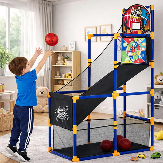 2-in-1 Kids Basketball Arcade Game Set, Adjustable Indoor Outdoor Hoop With Ball Return Ramp, 4 Balls & 6 Sticky Toss Balls